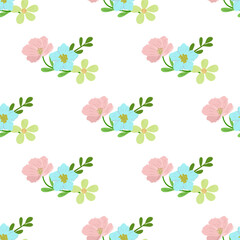 Seamless Pastel Floral Pattern with Soft Blue, Pink and Green Flowers