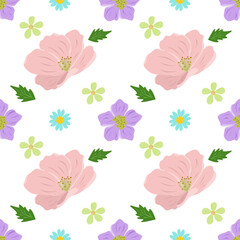 Seamless Pastel Floral Pattern with Pink Blossoms and Cute Spring Flowers