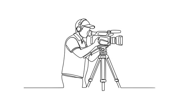 Cameraman operating camera continuous line drawing video production vector illustration