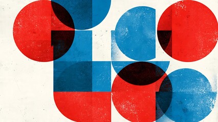 Abstract Composition of Geometric Shapes with Negative Space in Red and Blue