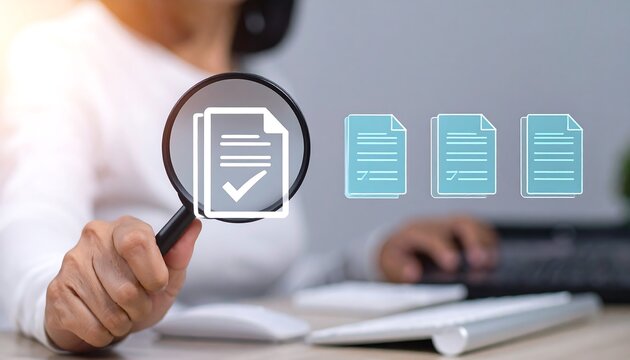 Magnifying glass over document with checkmark and other documents verification review