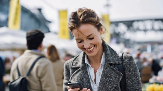Businesswoman engaged on smartphone at a bustling trade fair, connecting with clients and exploring new opportunities in a vibrant environment