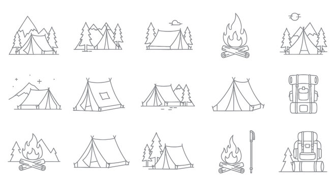 Camping Icons: Tents, Campfires, Backpacks, Mountains, Trees, Hiking Gear