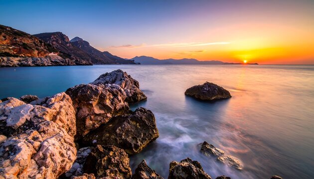 Scenic sunset over ocean, rocks in foreground, distant islands, water blurred, hill on left, bright colors