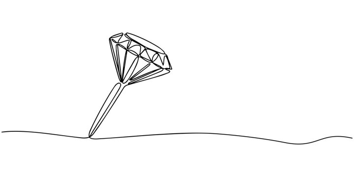 Elegant diamond push pin continuous one line drawing, Continuous one line drawing of diamond gemstone illustration, Diamond one line continuous banner. Line art jewelry concept banner. Outline vector