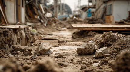 Aftermath of Disaster: Devastation and Rubble in a Residential Area Setting