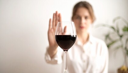 Woman refusing to drink wine at home. Concept of alcoholism

