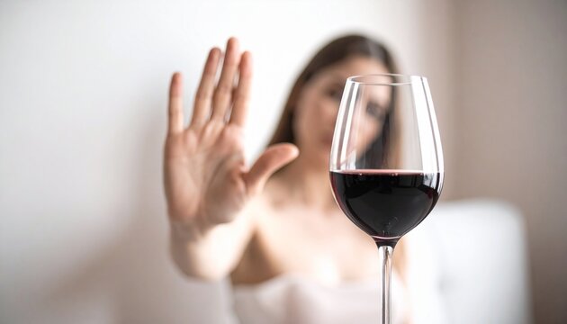 Young woman refusing a glass of wine with hand gesture. Female saying no to alcohol at social event.