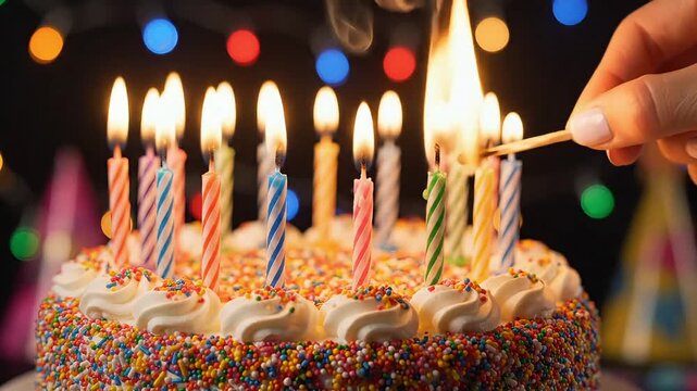 Woman lighting colorful birthday cake candles with matchstick