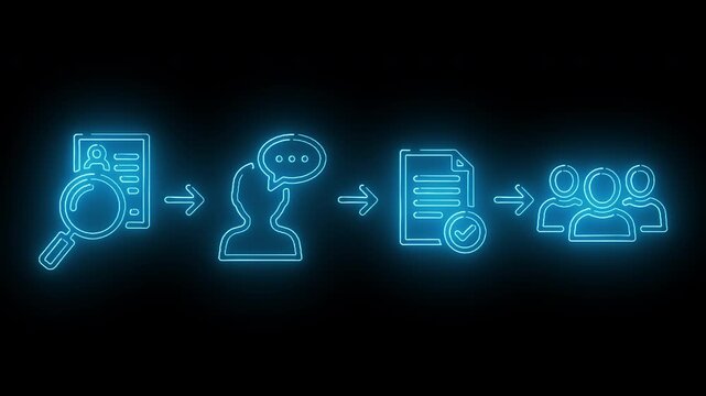 Neon-lit infographic illustrating a workflow process with icons on a black background.