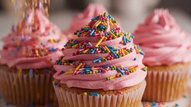Delicious pink frosted cupcakes in white liners on a plate