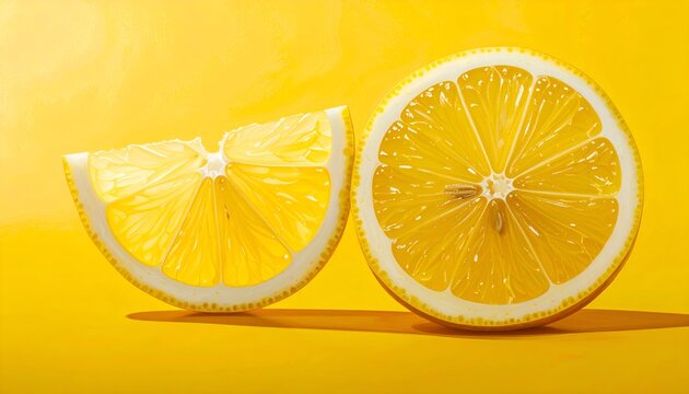 Sliced lemons on a yellow background, revealing pulp and rind details, with warm lighting casting soft shadows