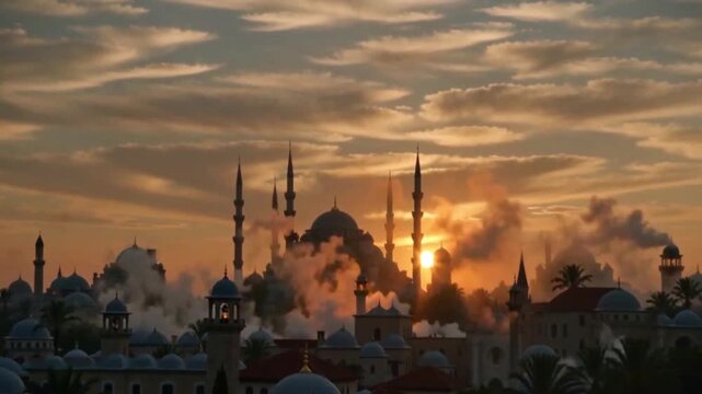 "Cinematic Sunset Skyline of Istanbul with Mosque Silhouettes, Minarets, and Dramatic Golden Clouds"
