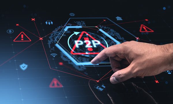 Hand interacting with transparent holographic screen warning of P2P network risk in futuristic digital interface environment on blue background.