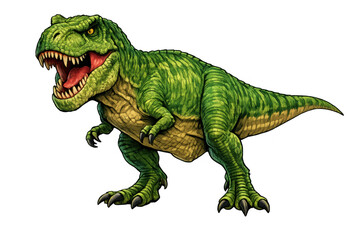 Obraz premium Tyrannosaurus rex green predator roaring mouth open showing teeth and tongue, prehistoric dinosaur beast transparent background
