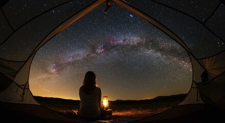 Woman gazing at the Milky Way from inside a tent.