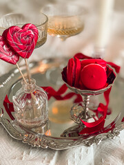 Dessert on a silver tray. Valentine`s Day aesthetic
