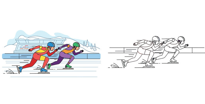 Winter speed skating race competition vector illustration set featuring colored and black and white outline versions of athletes on ice track for coloring book or sports design.