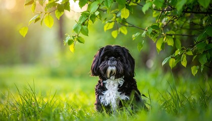 Fototapeta premium Small black and white dog sits in grassy field under leafy branches, bathed in soft, golden sunlight, focused and content