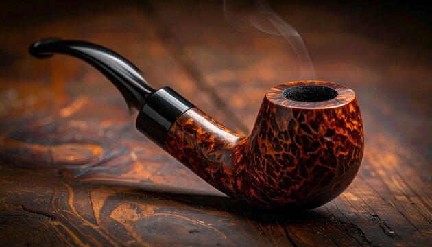 Smoking pipe, glowing embers, laid on a textured wooden surface with rising smoke tendrils in warm, saturated light