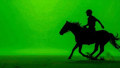 Silhouette of a rider on a horse against a bright green background, possibly mid-gallop with dust trails