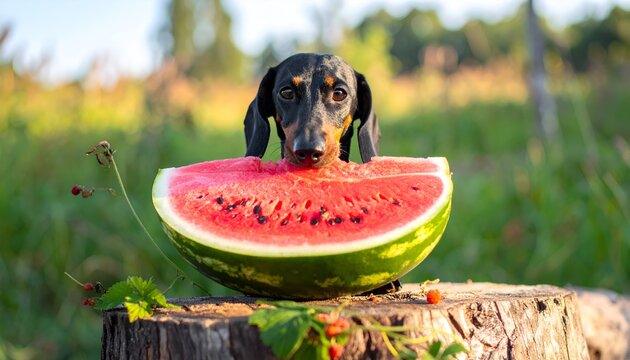 Small dachshund sits on a tree stump, eating watermelon in a grassy field on a sunny day