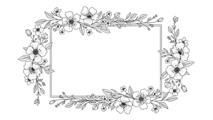 Fototapeta premium Elegant rectangular frame decorated with delicate hand-drawn black and white flowers and leaves for classic stationery designs.