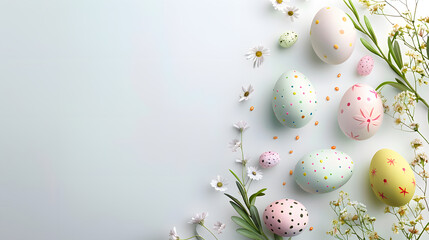 Easter eggs and flowers on white background