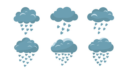 Obraz premium Collection of blue cartoon clouds raining small hearts on a white background, perfect for romantic and creative weather-themed designs.
