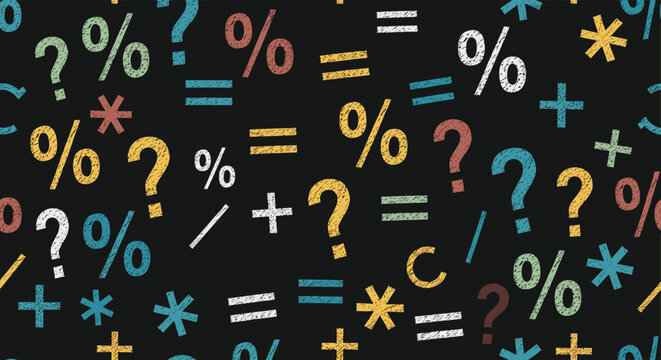 Colorful chalk-drawn mathematical and punctuation symbols form a seamless pattern on a dark background, evoking education and problem-solving.