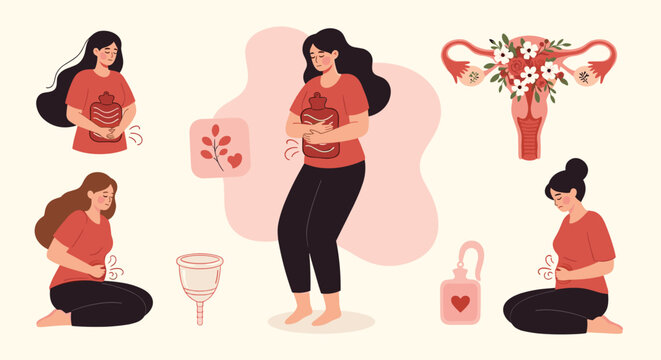 Illustrations of women experiencing menstrual cramps, finding comfort with hot water bottles, alongside symbols of female reproductive health and care.
