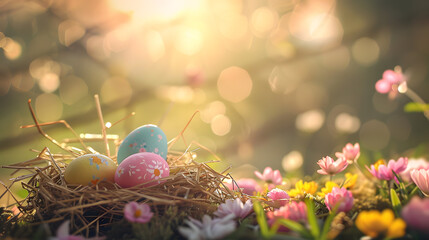 Easter eggs in the nest with blurred green background Easter banner 