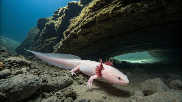 Rare and elusive Olm (Proteus anguinus) swimming in a dark underwater cave habitat.