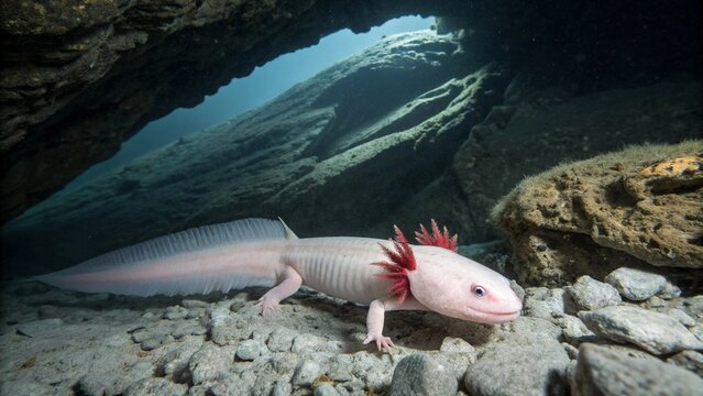 Rare and elusive Olm (Proteus anguinus) swimming in a dark underwater cave habitat.