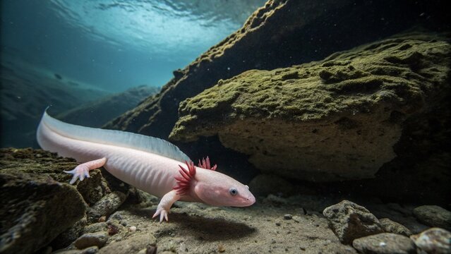 Rare and elusive Olm (Proteus anguinus) swimming in a dark underwater cave habitat.
