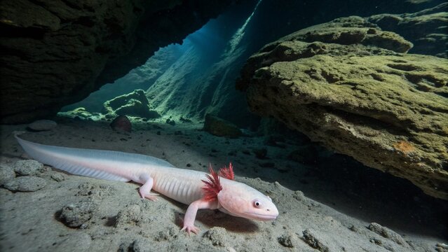 Rare and elusive Olm (Proteus anguinus) swimming in a dark underwater cave habitat.