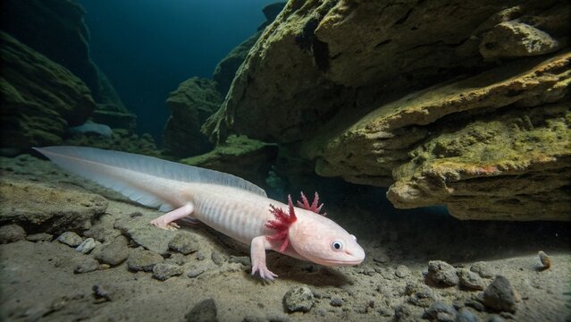 Rare and elusive Olm (Proteus anguinus) swimming in a dark underwater cave habitat.