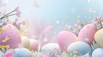 Easter eggs and flowers background with pastel background soft colours
