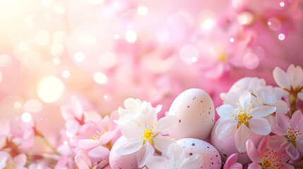 Pink easter eggs with flowers in pink background 
