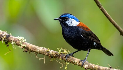 Naklejka premium Small, vibrant bird perches on a lichen-covered branch against a blurred green background, showcasing striking plumage