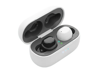 Modern wireless earbuds in an open white charging case with one black and one white earbud displaying glowing indicator lights on a clean white background