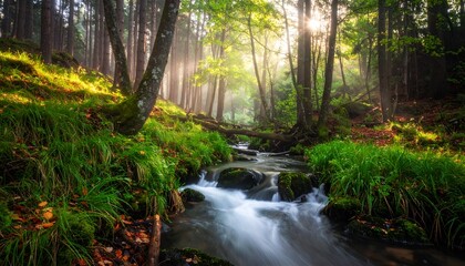 Obraz premium Sunbeams filter through a lush, green forest, illuminating a flowing stream with mossy rocks and foliage