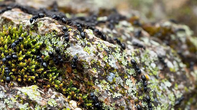 Ants on mossy rock surface
