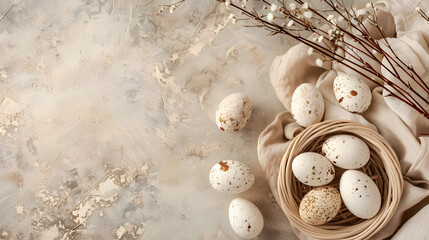 Quail eggs in a nest top view Easter banner