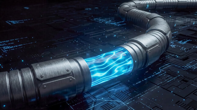 Abstract electric cable cross section with glowing energy flow technology future data transmission background copy space power supply innovation