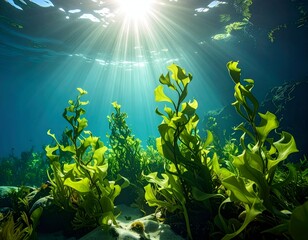 Fototapeta premium Sunbeams pierce turquoise water illuminating vibrant green aquatic plants on a sandy bottom, creating serene underwater scene