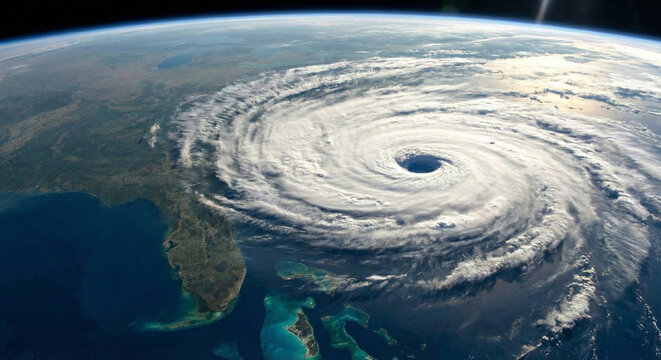 Giant hurricane spinning over the coast of Florida seen from space, meteorology news and climate change reports