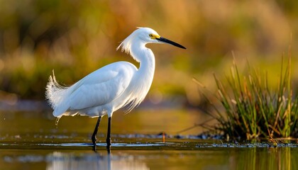 Naklejka premium Snowy egret stands elegantly in shallow water with lush foliage in the soft, warm light of the setting sun