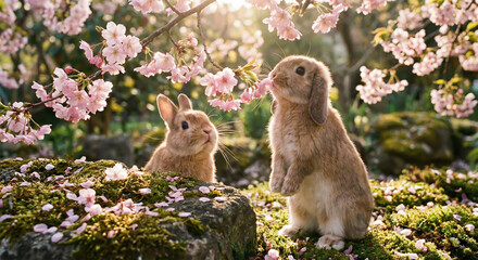 Fototapeta premium Two cute rabbits in a blooming spring sakura garden