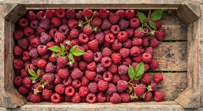 Fresh garden raspberries with green leaves in a wooden box